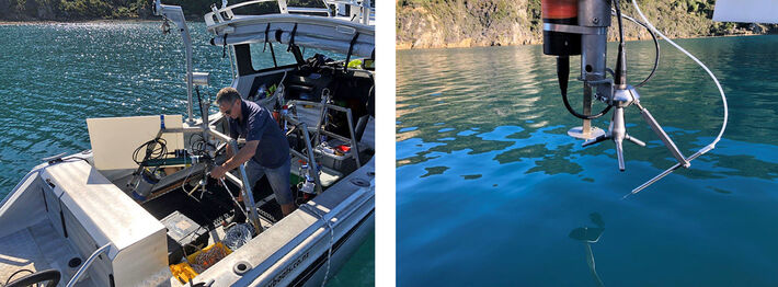 Eddy Covariance tripod on boat and close up of OXY Flux system with needle optical O2 sensor